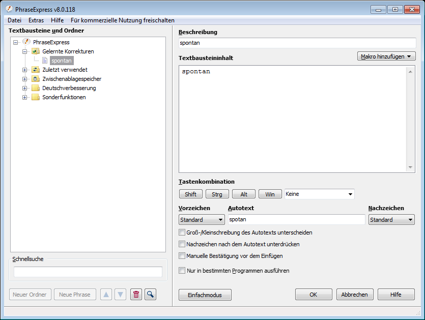 Phraseexpress 8 - aus Tippfehlern gelernte Korrekturen